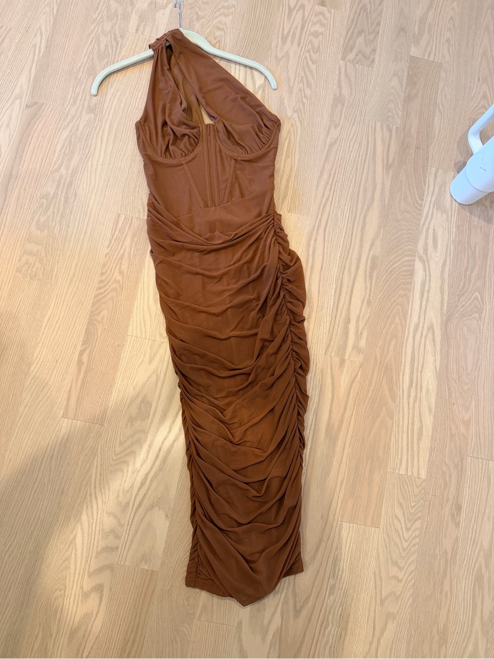 Brown Ruched One-Shoulder Women’s Dress